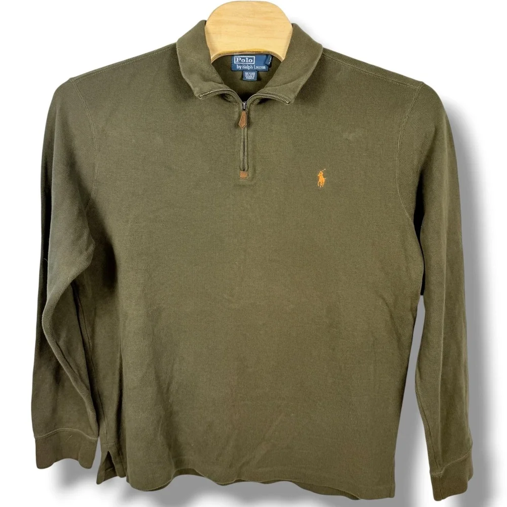 Polo Ralph Lauren Quarter Zip Men XL Olive Green Vintage 90s Cotton Sweater Pony